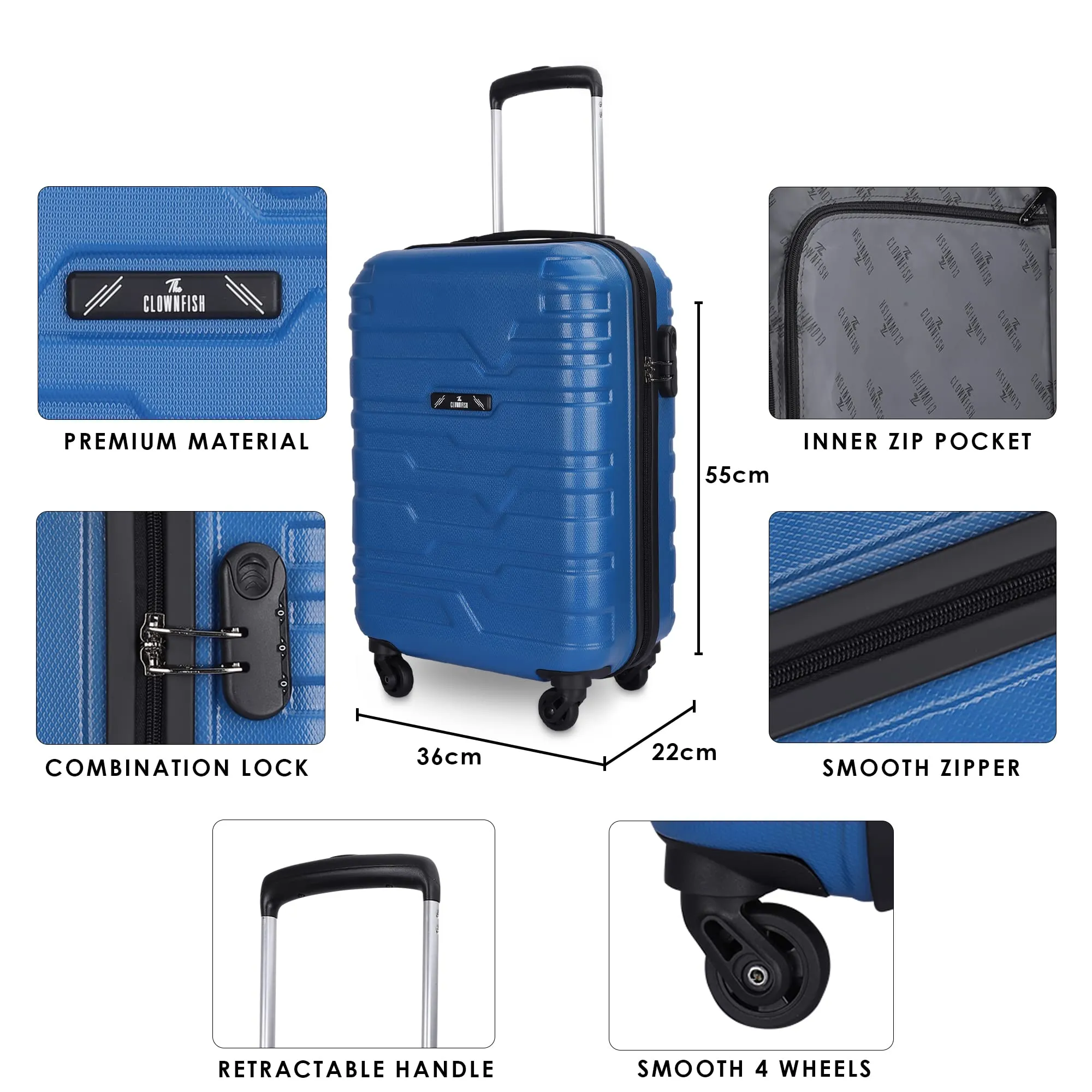 THE CLOWNFISH ABS Arsenio Series Luggage Abs Hard Case Suitcase Four Wheel 4 Spinner Wheels Trolley Bag -Royal Blue (55 Cm, 22 Inch), Small