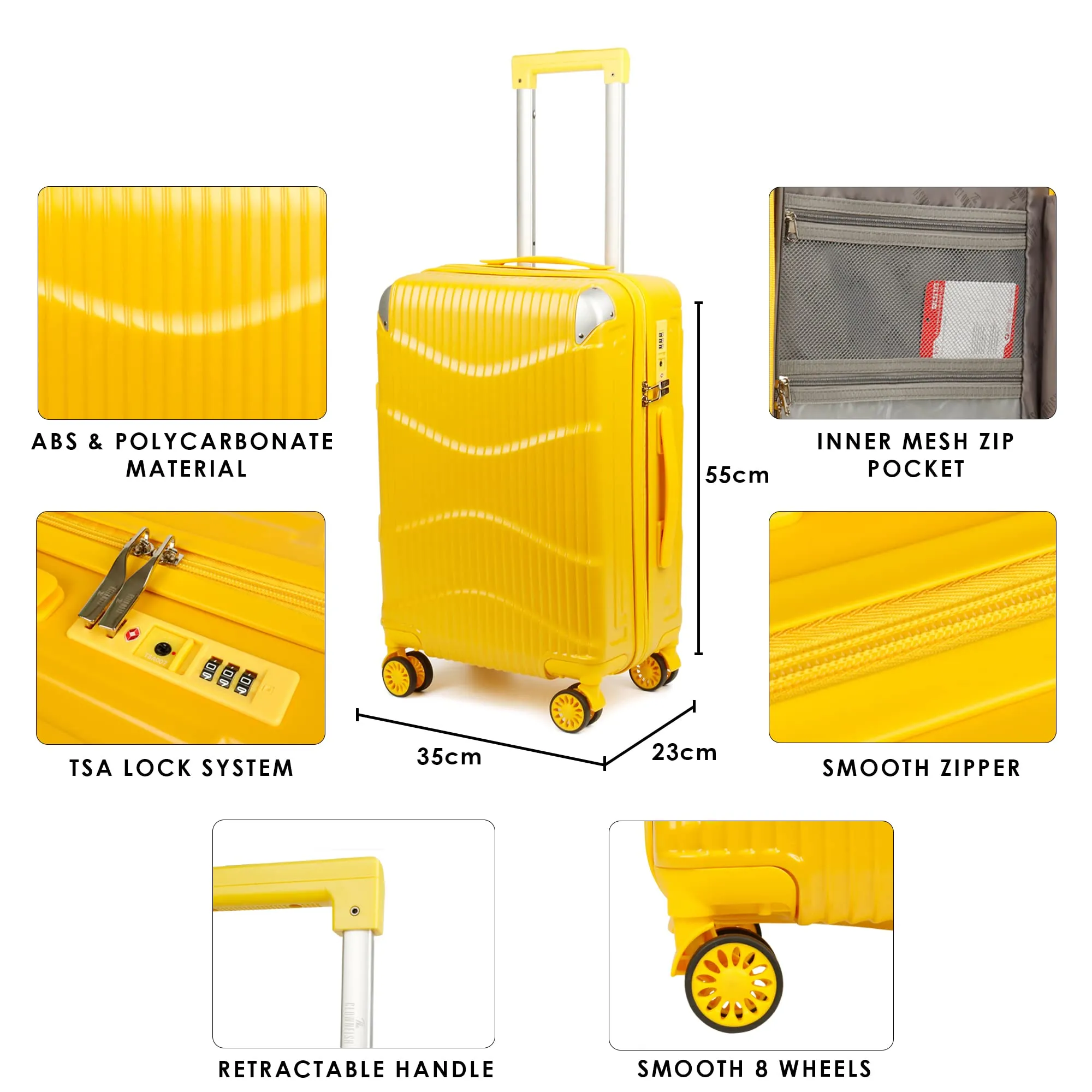 THE CLOWNFISH Ballard Series Luggage Abs & Polycarbonate Exterior Suitcase Eight Wheel Trolley Bag With Spinner Wheels, With Tsa Lock- Yellow (Small Size, 55 Cm-22 Inch)