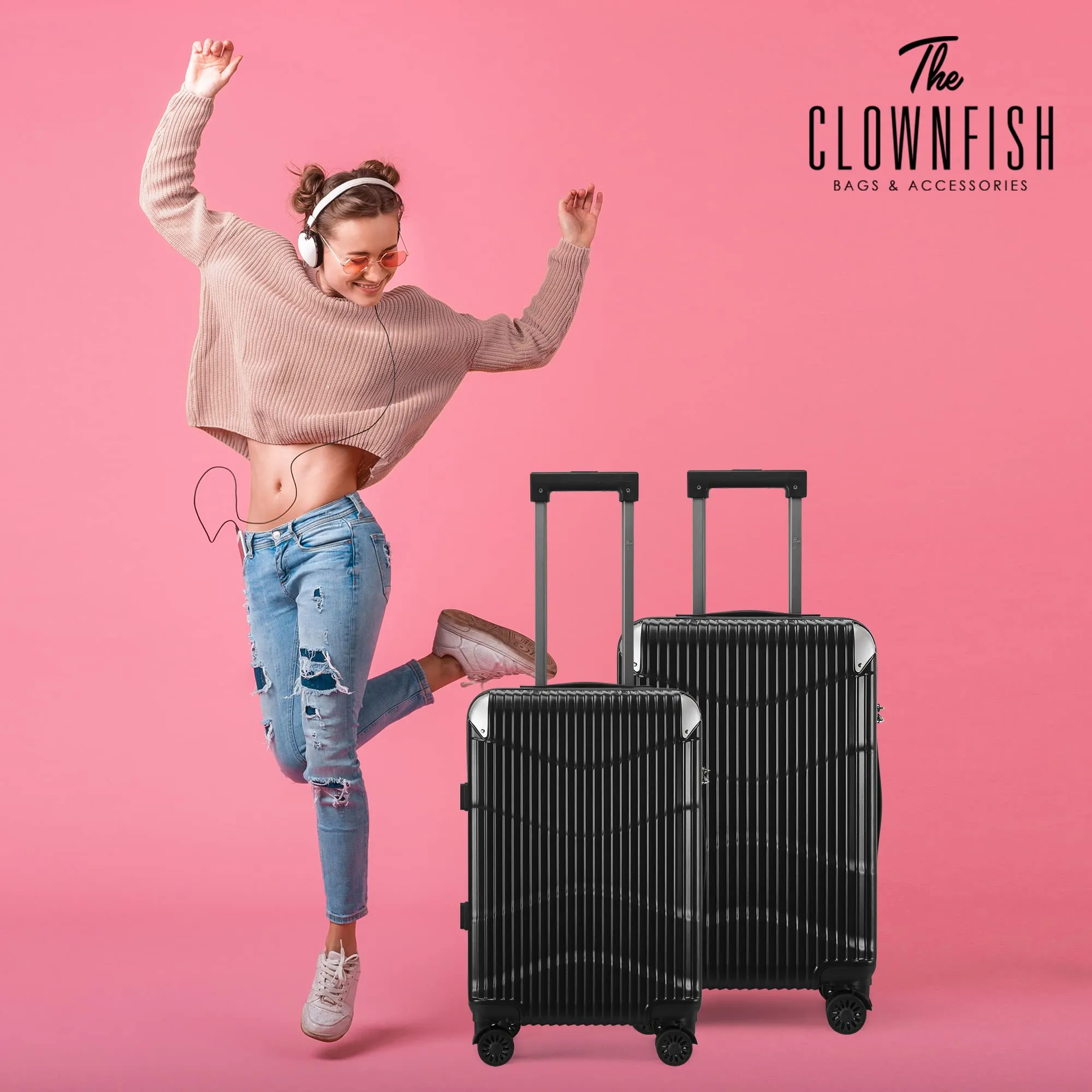 THE CLOWNFISH Ballard Series Luggage ABS & Polycarbonate Exterior Suitcase Eight Wheel Trolley Bag with TSA Lock- Black (Small size, 55 cm-22 inch)