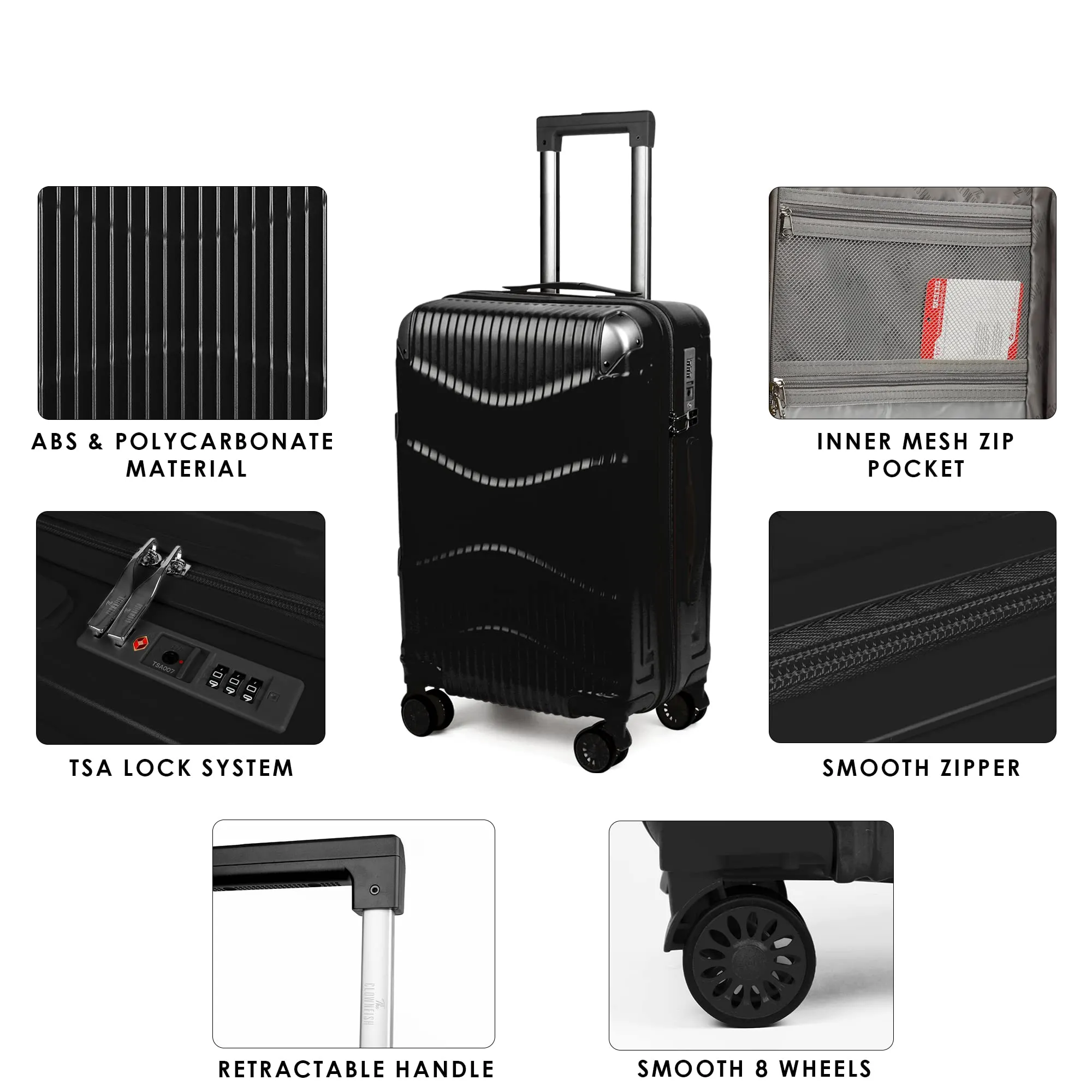 THE CLOWNFISH Ballard Series Luggage ABS & Polycarbonate Exterior Suitcase Eight Wheel Trolley Bag with TSA Lock- Black (Small size, 55 cm-22 inch)