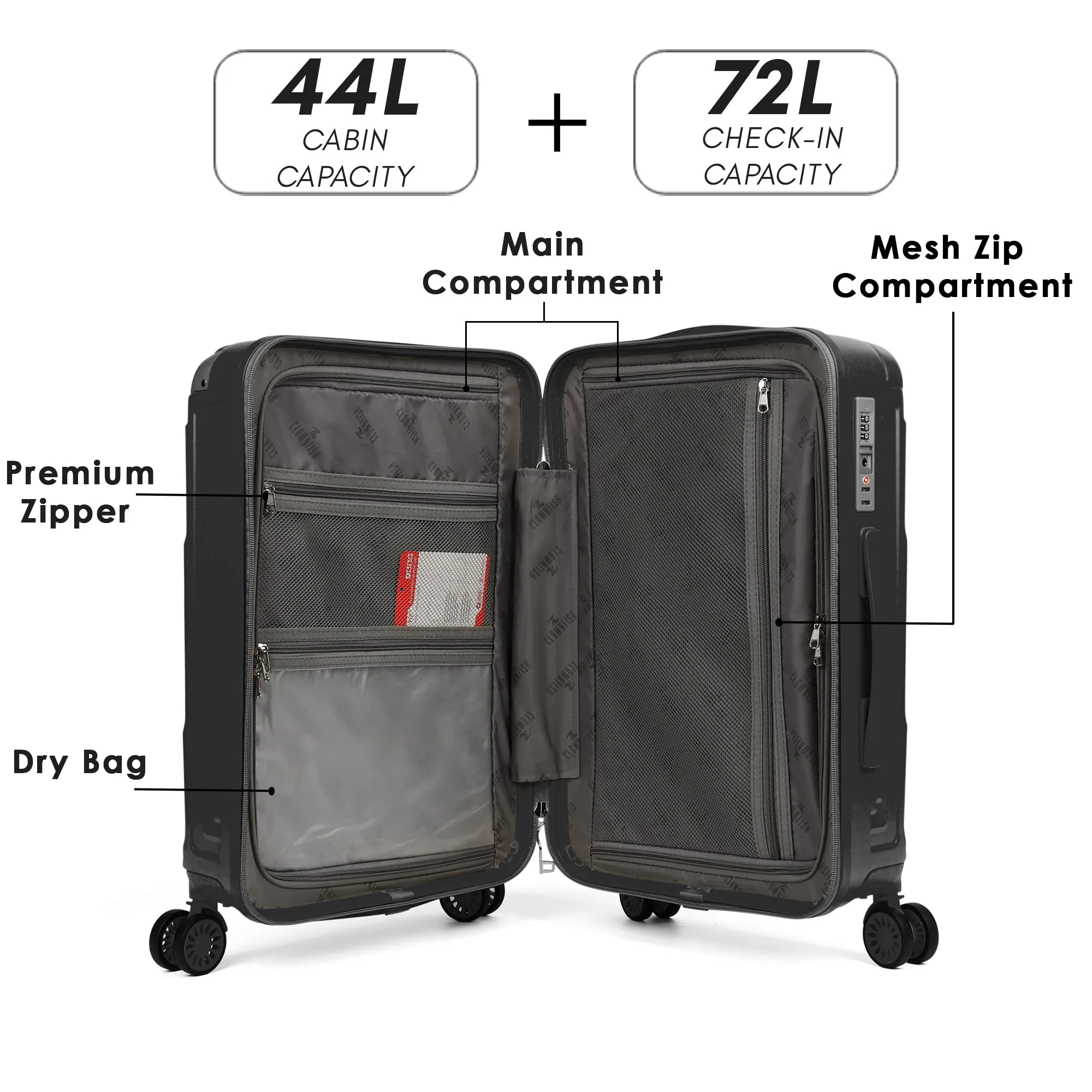 THE CLOWNFISH Ballard Series Luggage ABS & Polycarbonate Exterior Suitcase Eight Wheel Trolley Bag with TSA Lock- Black (Small size, 55 cm-22 inch)