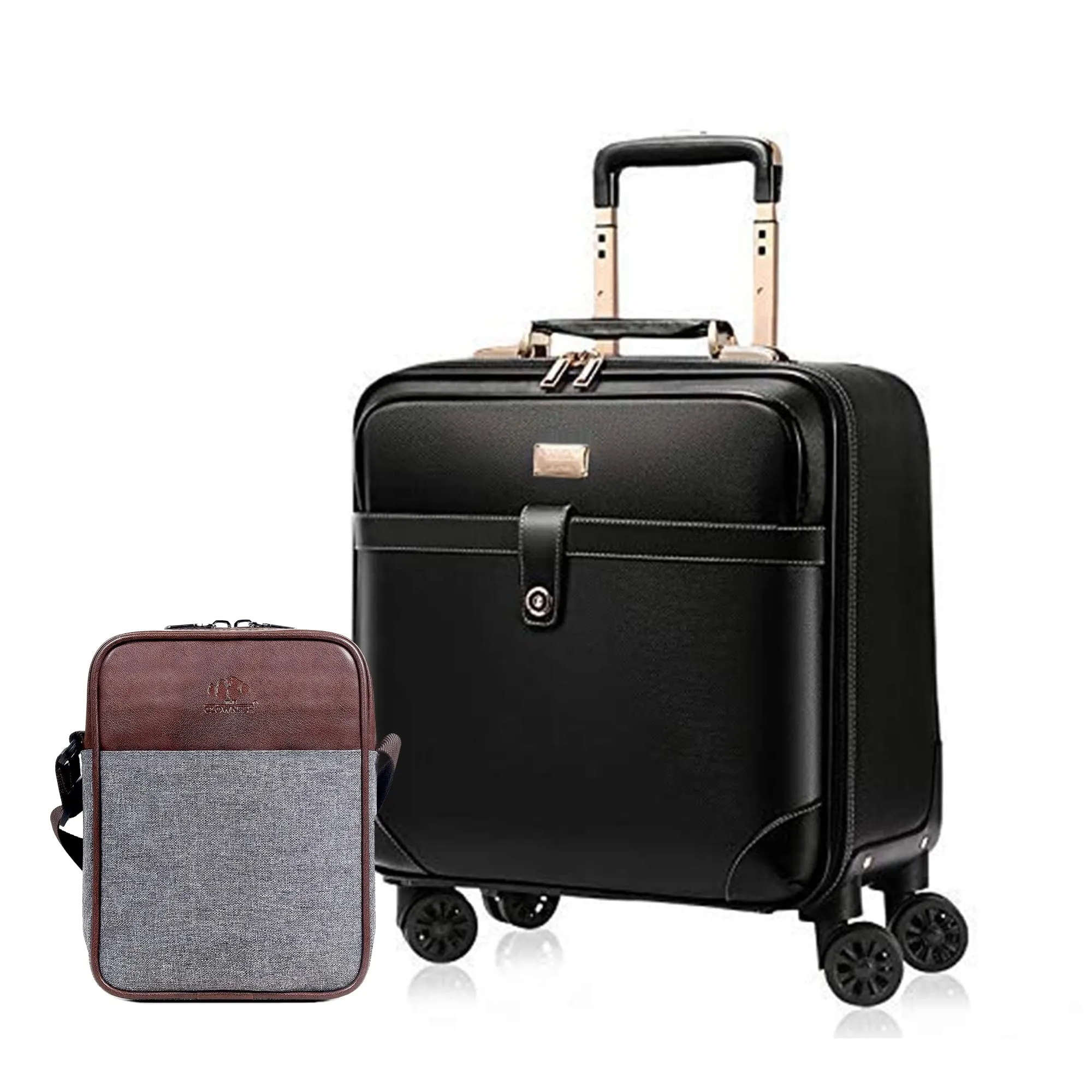 THE CLOWNFISH Combo of Minlu Baoluo Faux Leather 8 Wheel Travel Suitcase (Black) Amalia Sling Bag (Grey)