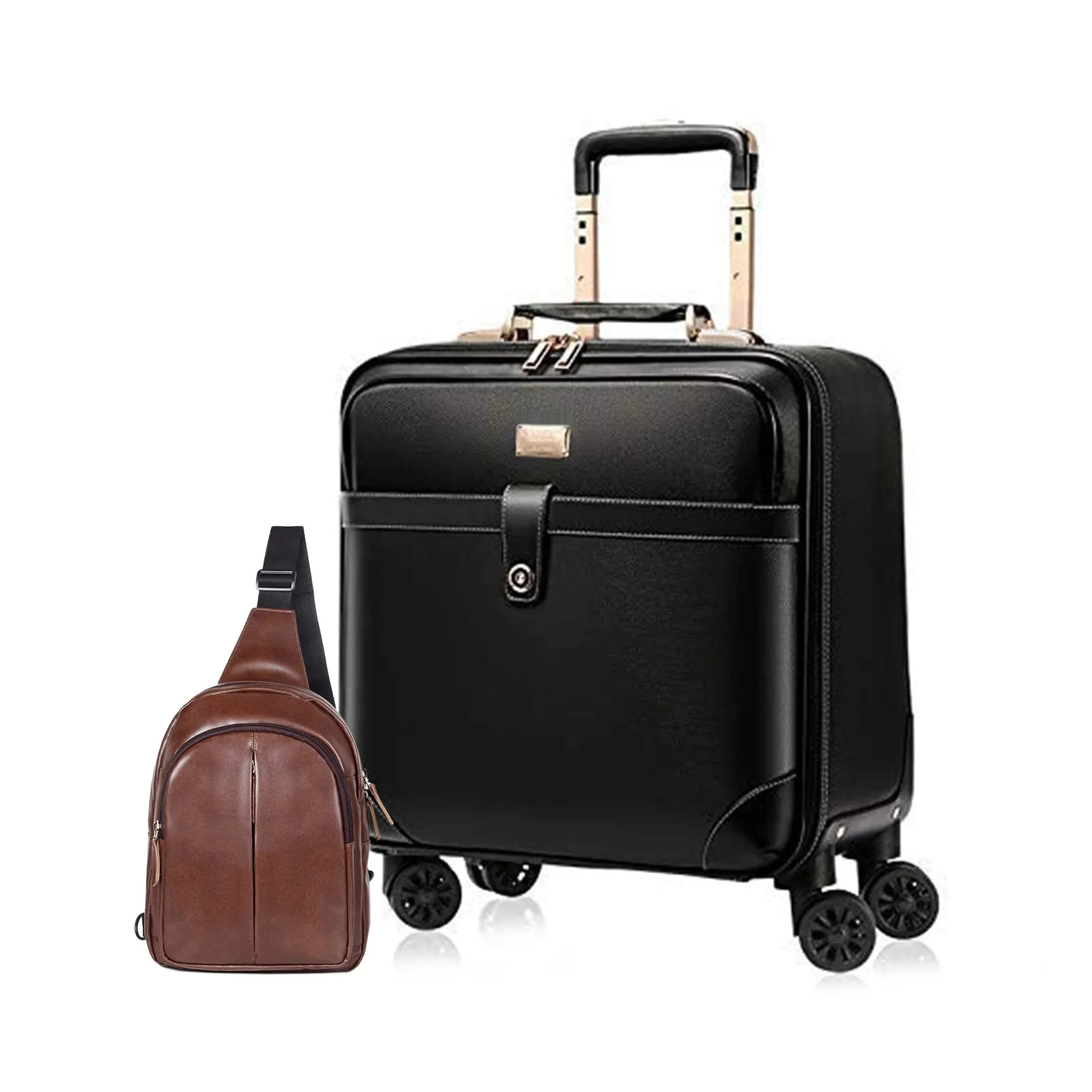 THE CLOWNFISH Combo of Minlu Baoluo Faux Leather 8 Wheel Travel Suitcase (Black) Delight Sling Bag (Caramel Brown)