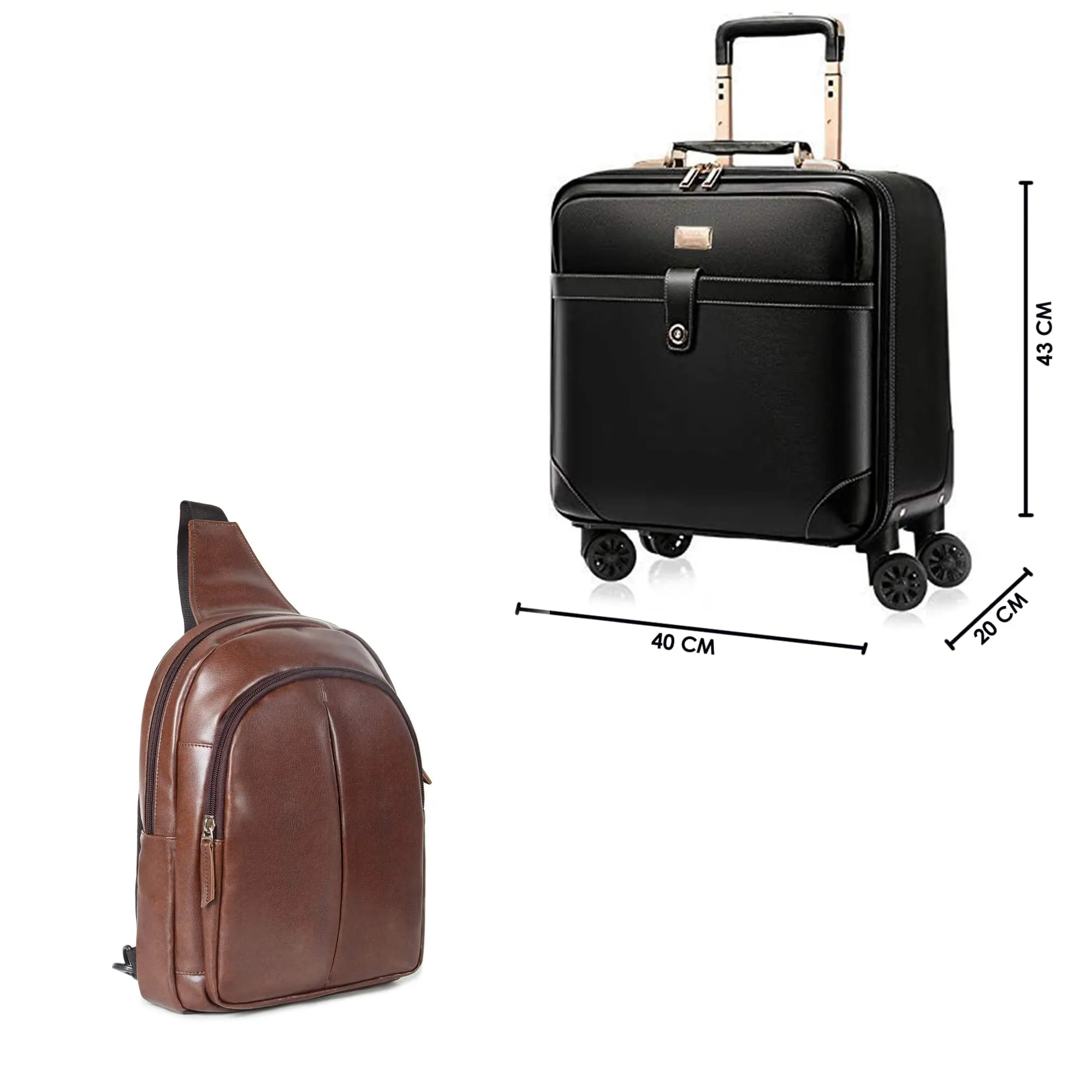 THE CLOWNFISH Combo of Minlu Baoluo Faux Leather 8 Wheel Travel Suitcase (Black) Delight Sling Bag (Caramel Brown)