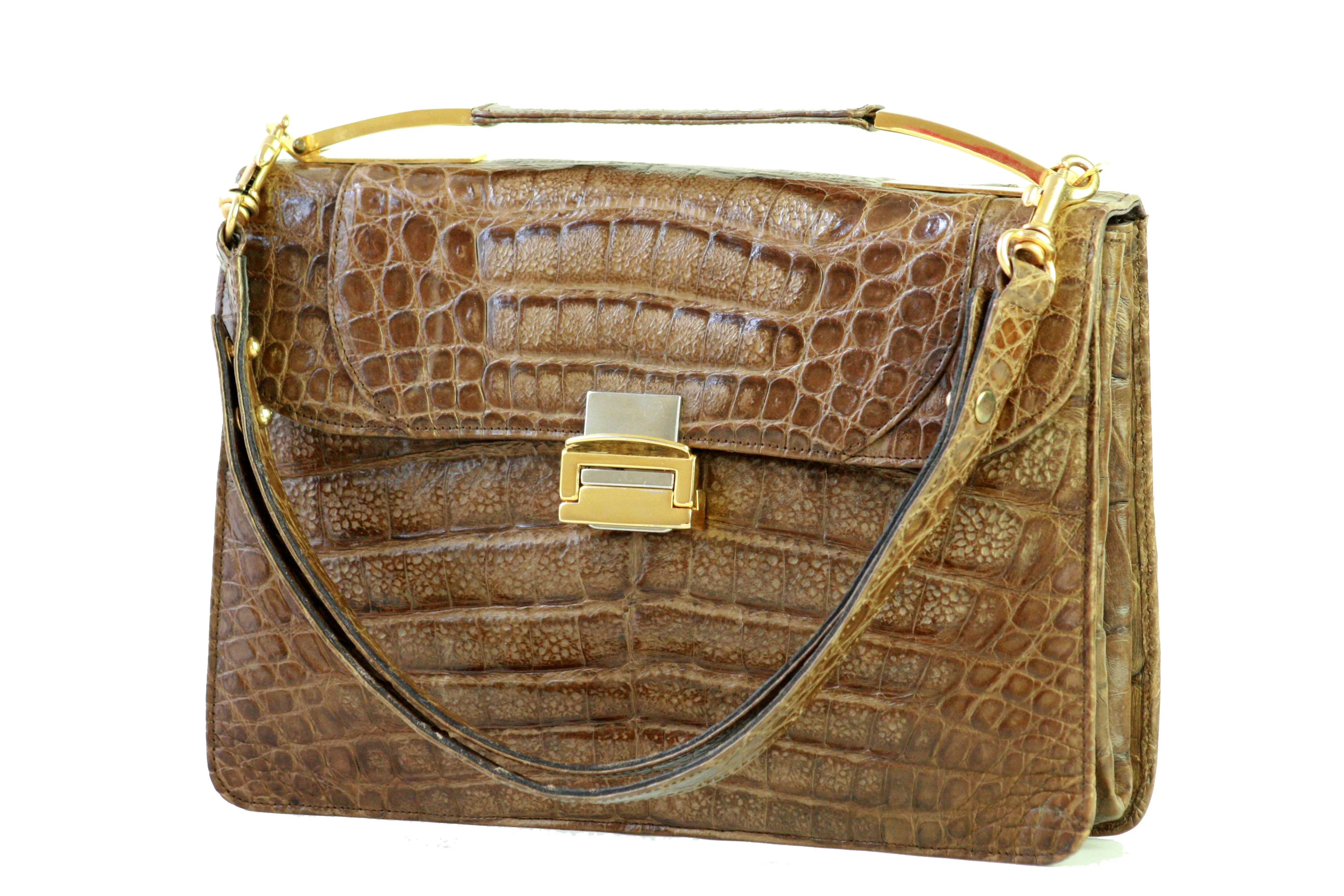 Tobacco brown crocodile skin handbag