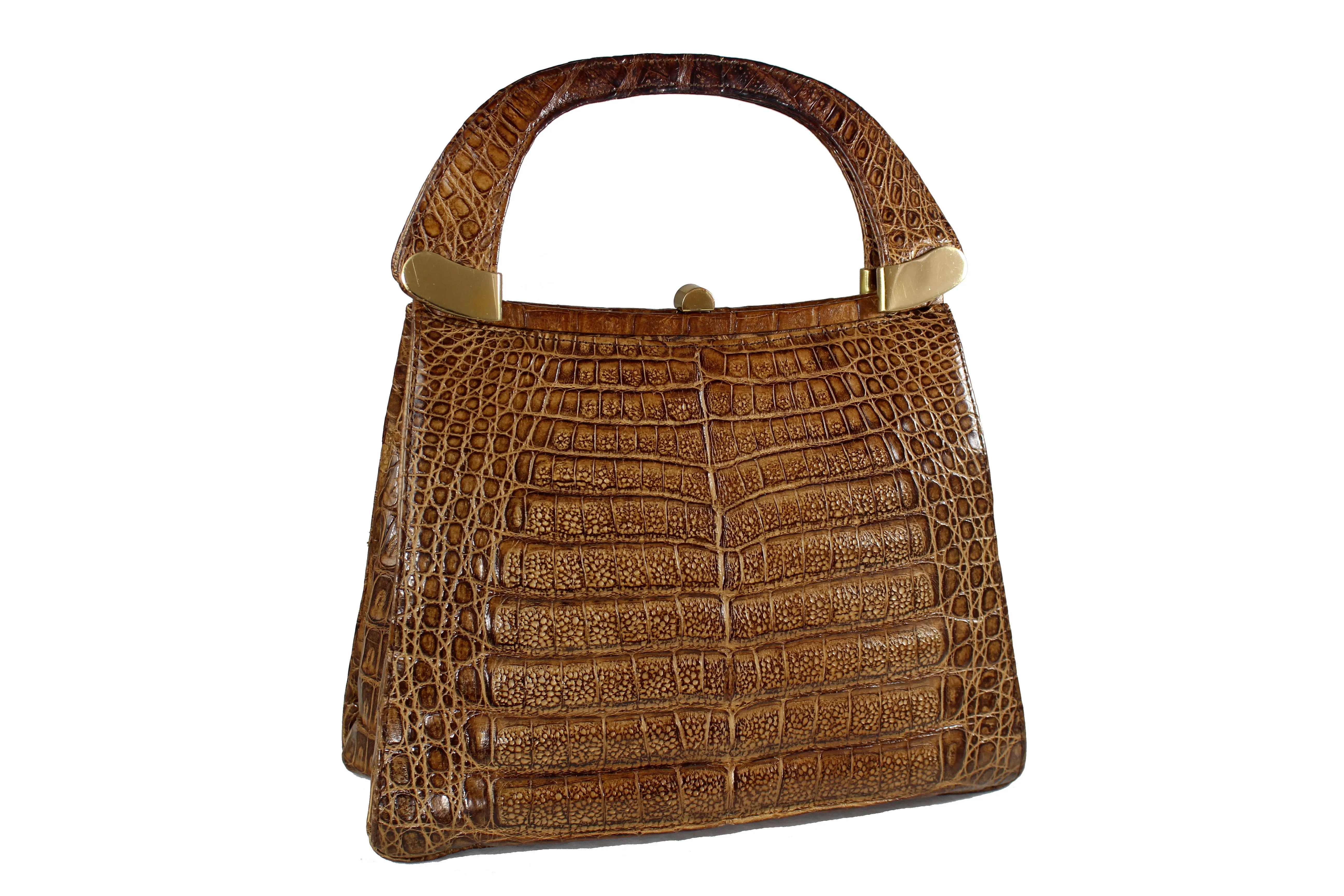 Tobacco color crocodile skin handbag with double handle