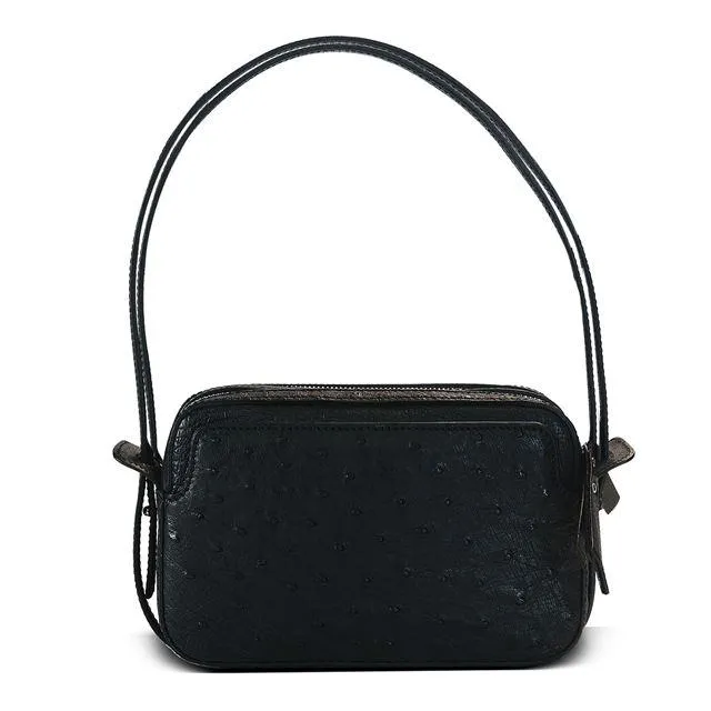 Via Veneta Ostrich Leather Quill Compact Handbag | Black