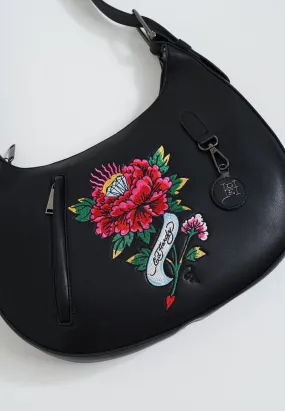 Womens Flower Tattoo Shoulder Bag - Black